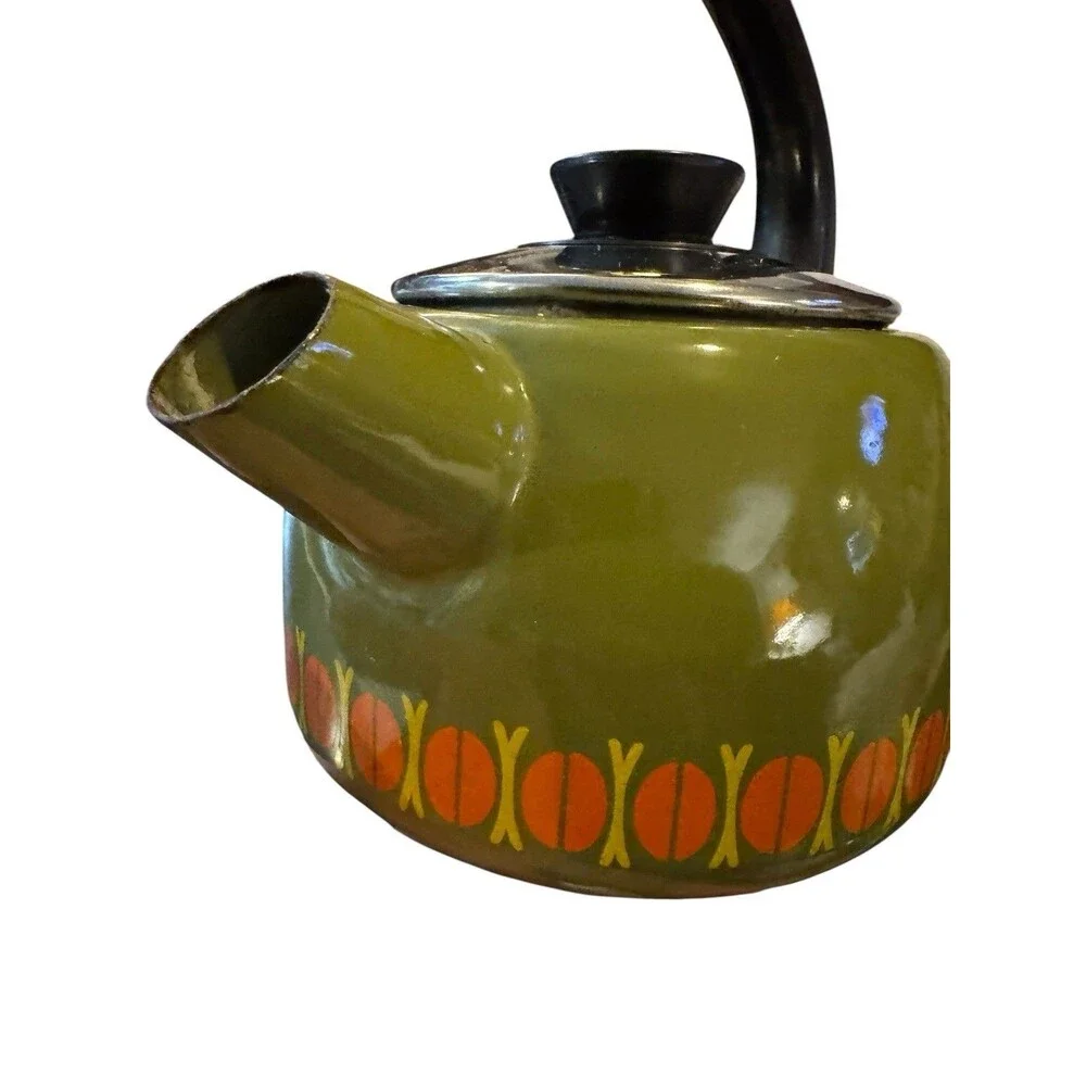 VTG 1960s enamel Teapot made in Austria Avocado Green - Orange Arching Handle